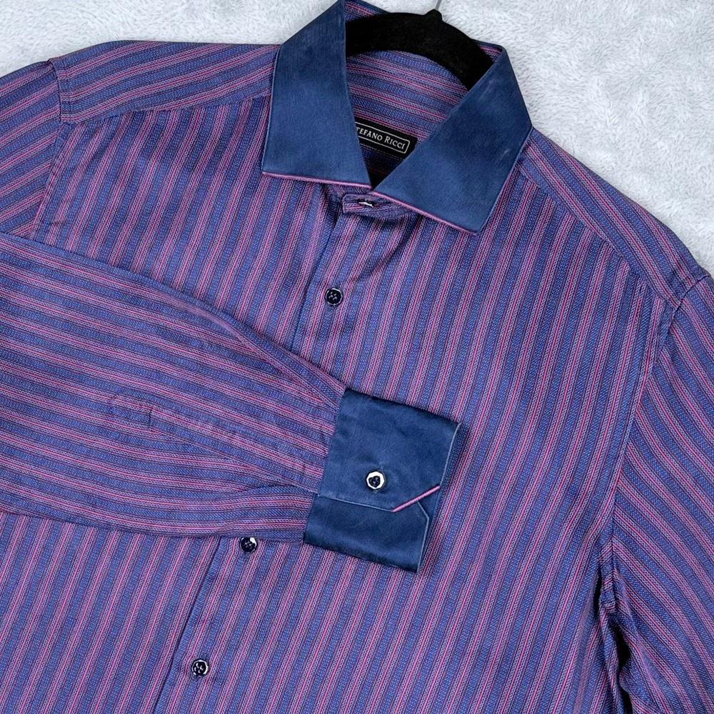 Stefano Ricci 100% Silk Dress Shirt Men Medium Blue Red Striped Contrast Collar